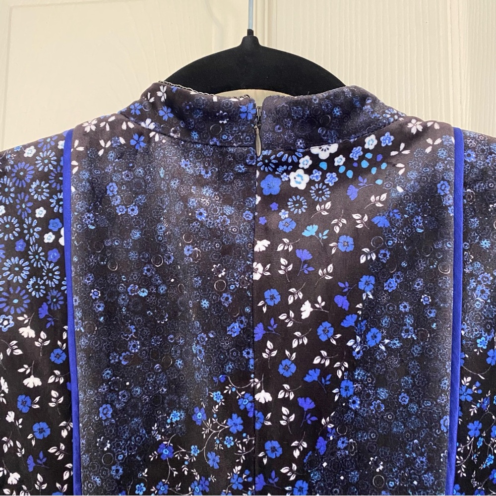 Elie Tahari Arabella Sheath Dress 4 Blue Black Floral Velvet Trim - Picture 4 of 8